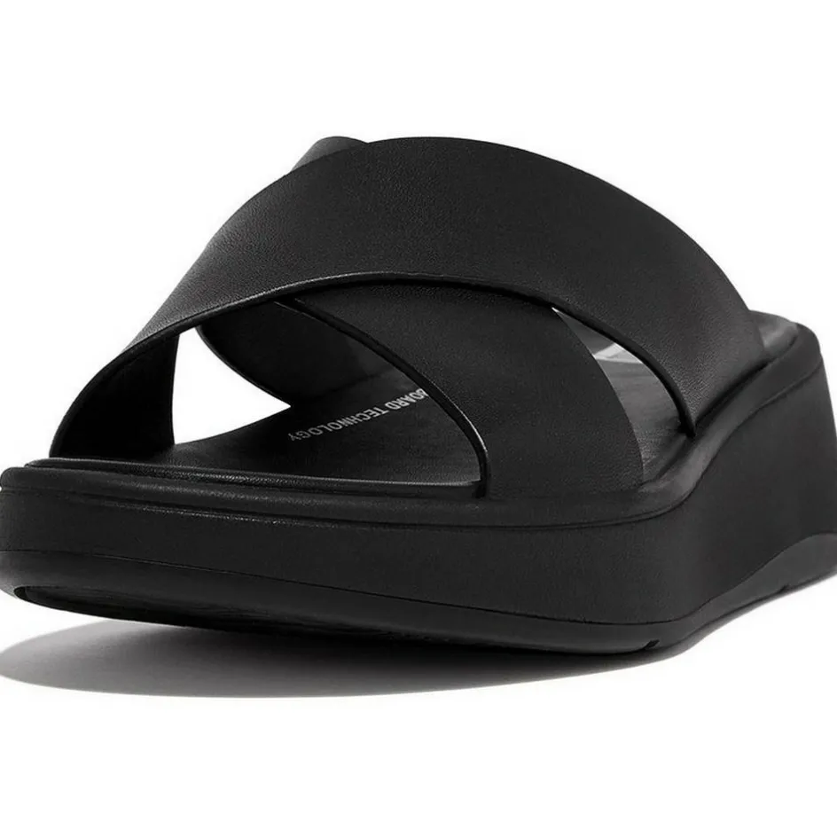 Fitflop Slippers*F-Mode Leather Flatform Cross slippers dames all black