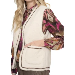 Geisha Truien & Vesten*Teddy Embroidery vest dames off white tape dark brown zigzag